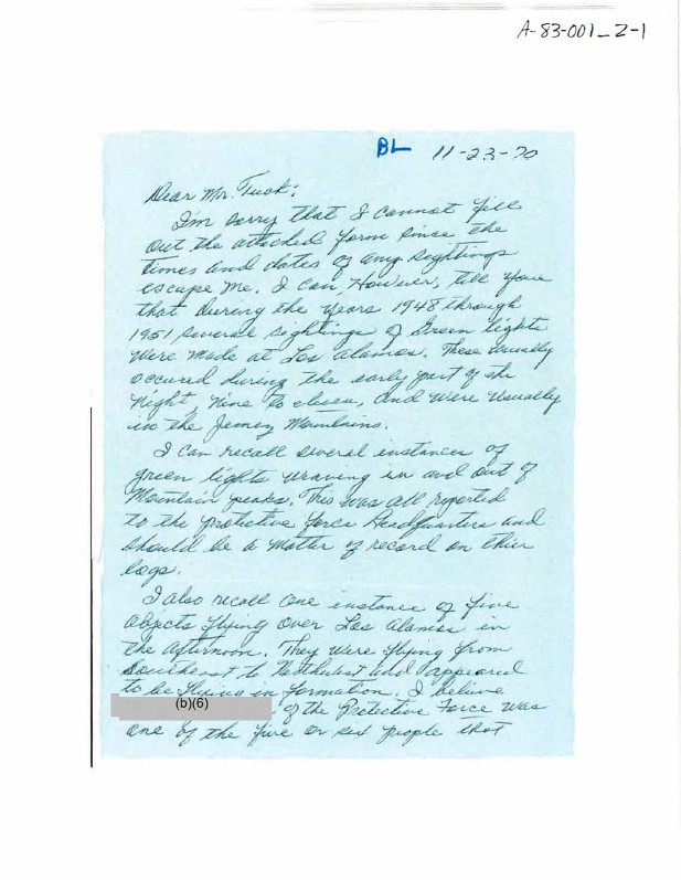 Personal correspondence to and from James Tuck, a Los Alamos National Laboratory-affiliated physicist, regarding his interest in unidentified anomalous phenomena circa 1970s.