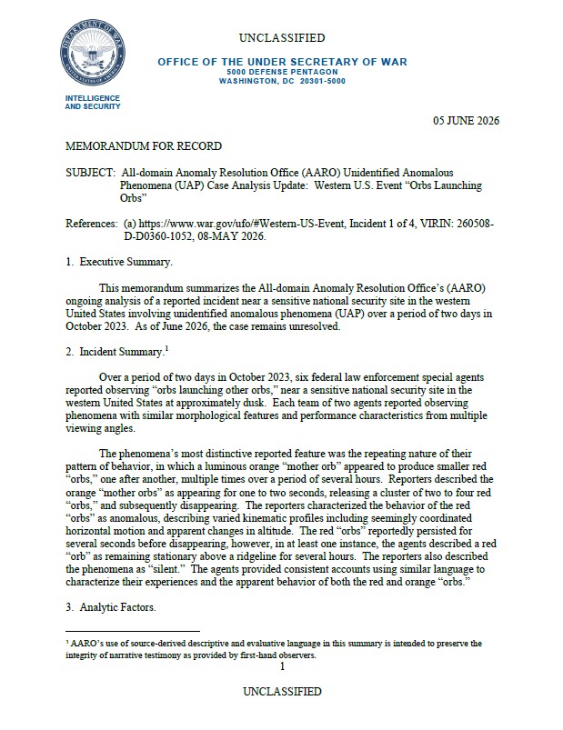A Department of War memorandum about orbs.