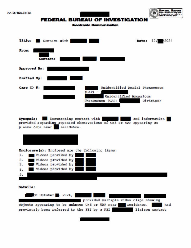 FBI document with redacted text about orbs.