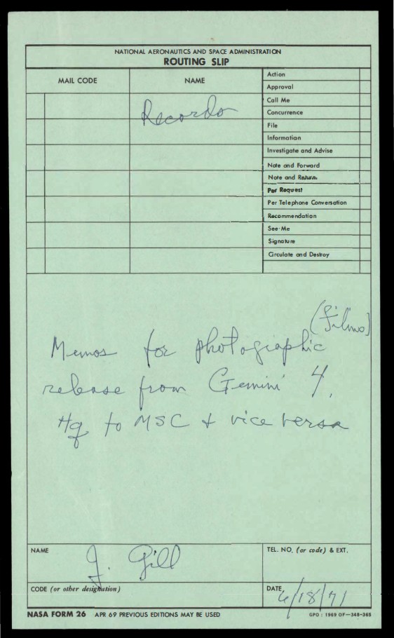 Routing slip with notes about Gemini 4.