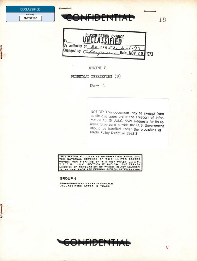 Document titled "GEMINI V TECHNICAL DEBRIEFING Part 1".