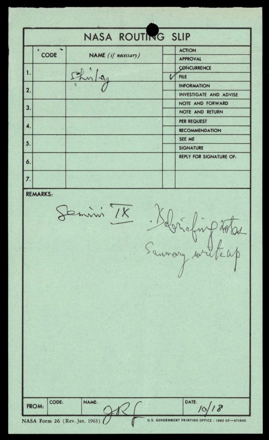 Routing slip with notes about Gemini IX.
