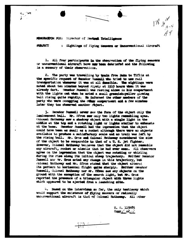A summary of a 1955 debriefing of U.S. Government personnel who reported observing "unconventional aircraft."