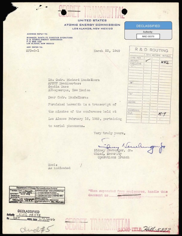 A declassified secret transmittal letter from the United States Atomic Energy Commission, dated March 22, 1949, regarding a conference on aerial phenomena.