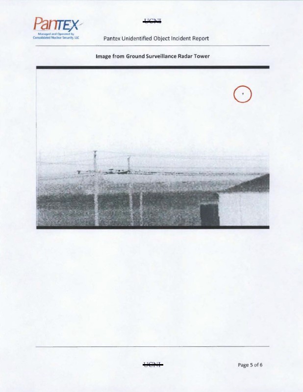 A document shows a black and white image from a ground surveillance radar tower, with a small object circled in red in the sky above a flat landscape.