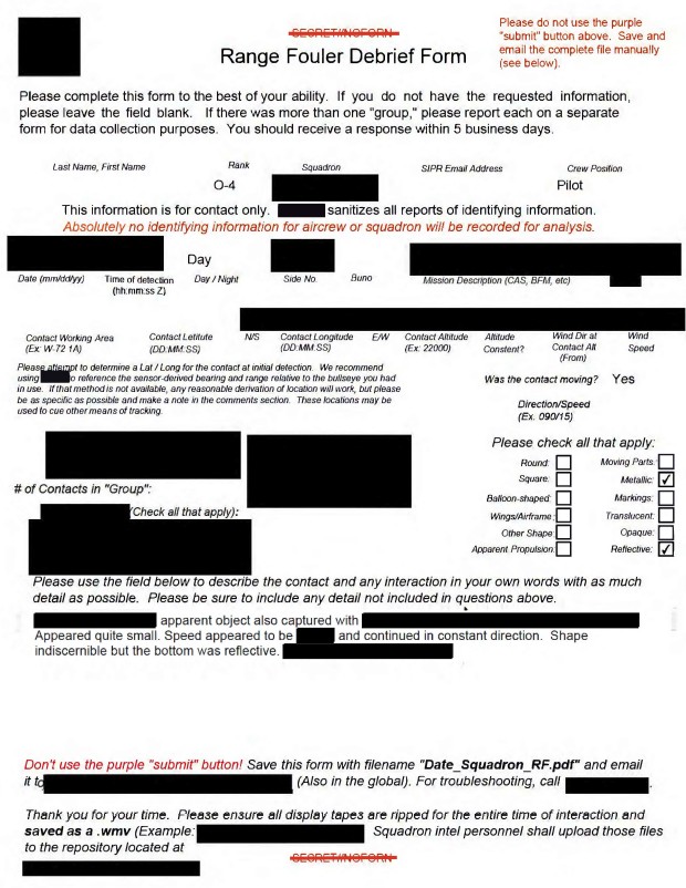 A Range Fouler Debrief, a standardized reporting form the U.S. Navy uses to record the circumstances surrounding an unauthorized intrusion into controlled airspace during active military operations or training.
