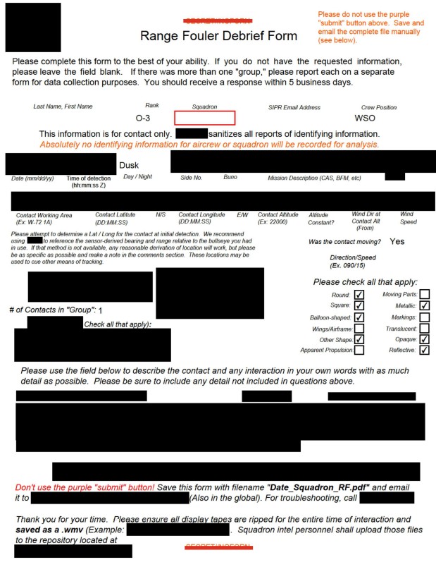 A Range Fouler Debrief, a standardized reporting form the U.S. Navy uses to record the circumstances surrounding an unauthorized intrusion into controlled airspace during active military operations or training.