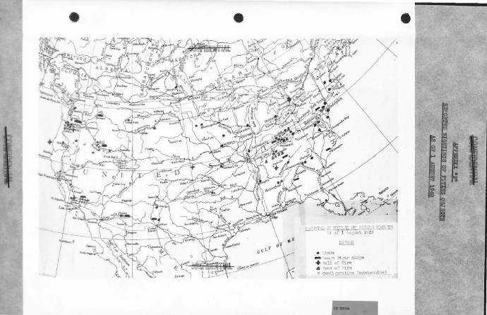 A map of the United States from 1948 showing various symbols plotted across the country, with a legend indicating different types of sightings.
