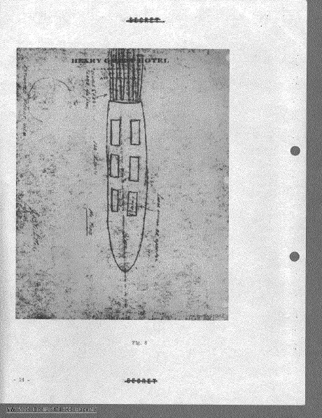 A page from a declassified document showing a hand-drawn sketch, labeled Fig. 9, of a long, cylindrical object with rectangular windows.