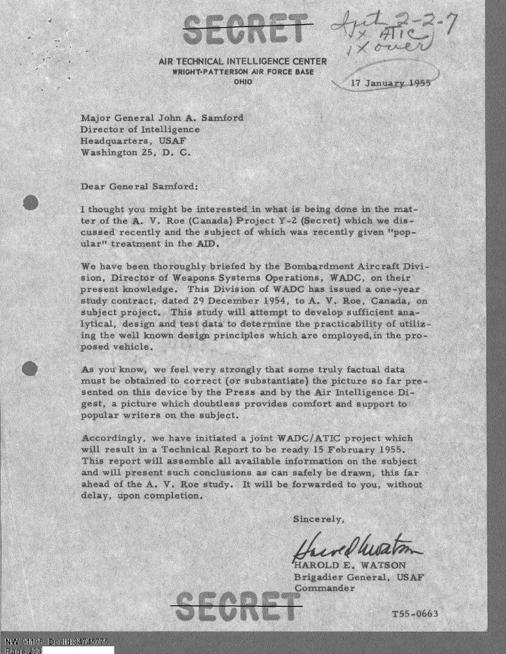 A declassified secret letter dated January 17, 1955, from the Air Technical Intelligence Center regarding a regional aviation project.