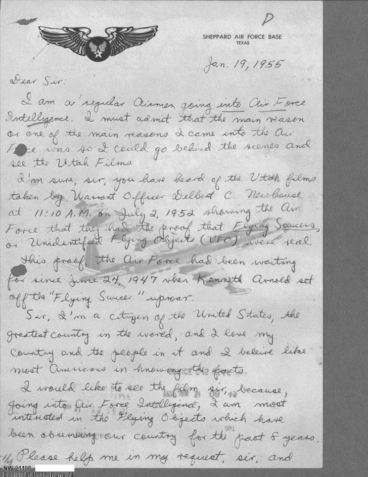 A handwritten letter dated January 19, 1955, from an airman expressing interest in joining Air Force Intelligence.