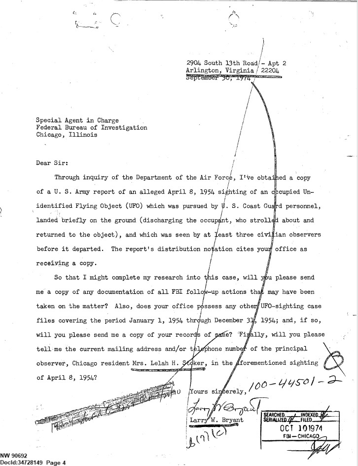 A typed letter to the FBI dated September 30, 1974, requesting information and documentation about a sighting from 1954.