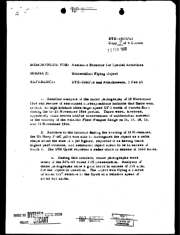 A February, 1965 CIA memorandum for the Assistant Director of Special Activities regarding a reported unidentified flying object.