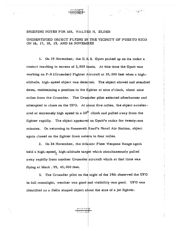 Briefing materials prepared for Mr. Walter N. Elder, Executive Assistant to the Director of the CIA, regarding a reported unidentified flying object.