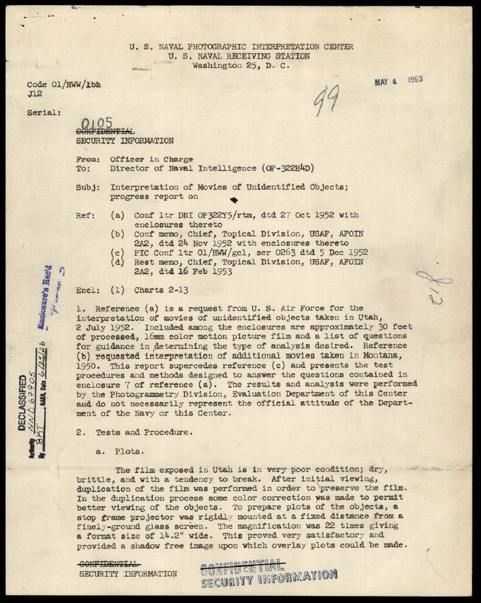 A request for the U.S. Naval Photographic Interpretation Center to assess a film allegedly depicting unidentified airborne objects.