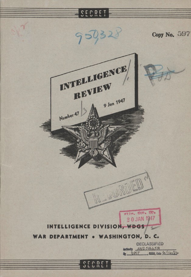 A declassified 1947 War Department General Staff intelligence review.