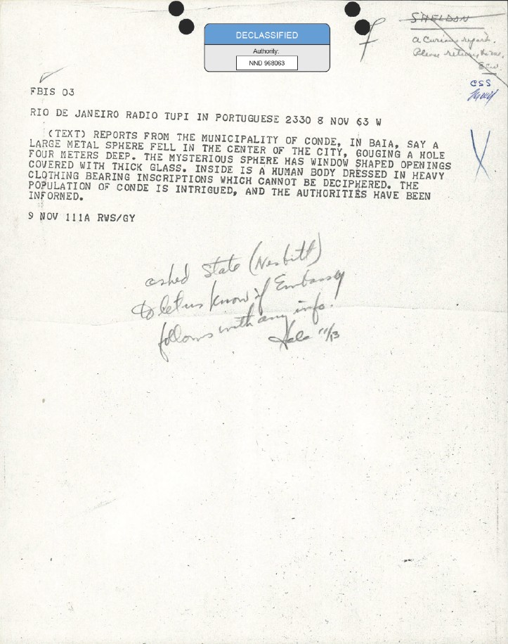 A Central Intelligence Agency Foreign Broadcast Information Service wire report, with handwritten notes.
