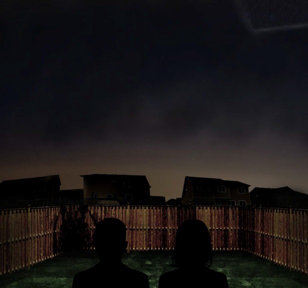 A digital rendering of two figures looking over a fence at a dark object in the night sky.