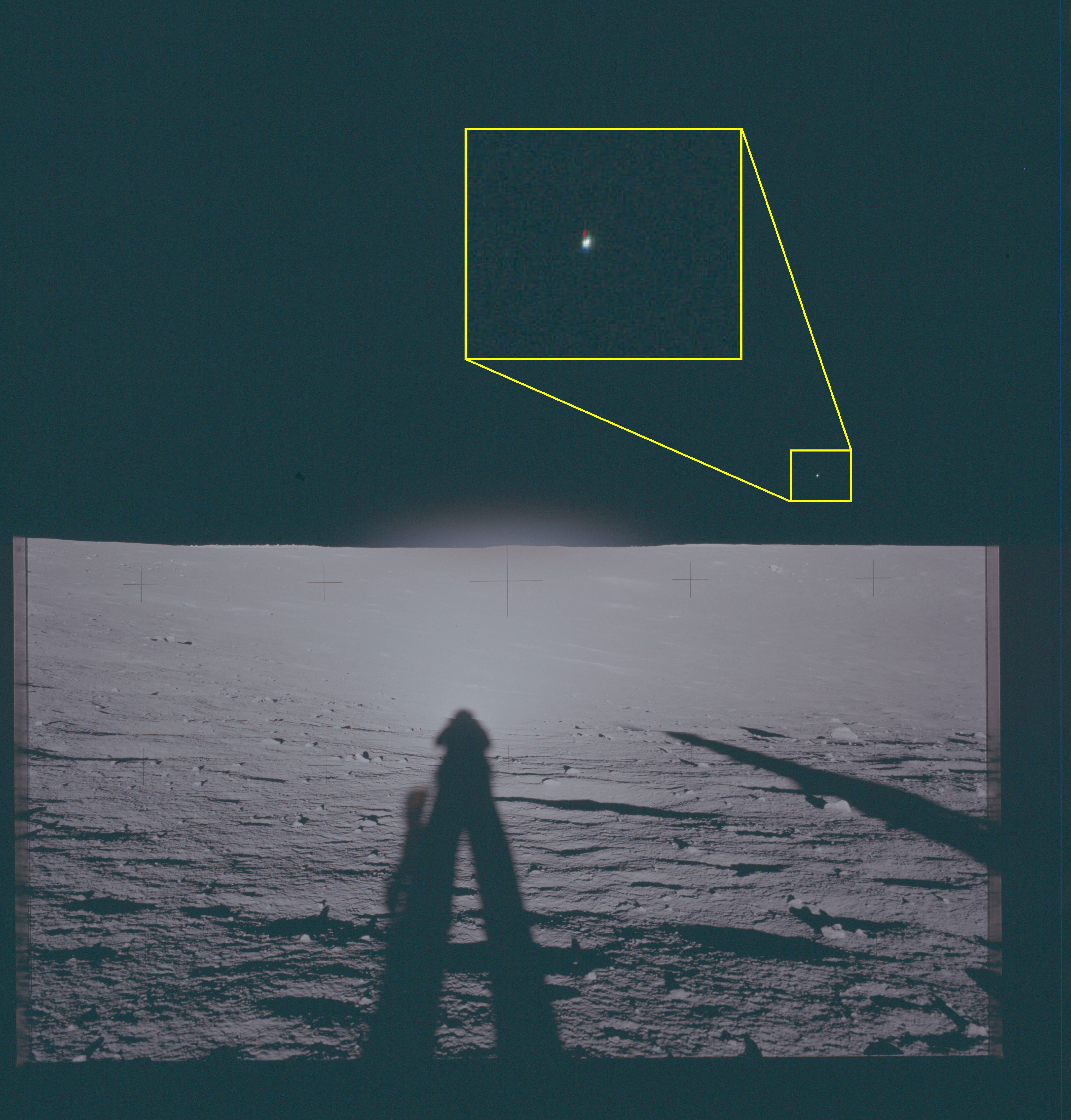 Photograph of the lunar surface showing astronaut shadows and a magnified callouts of objects in the sky.