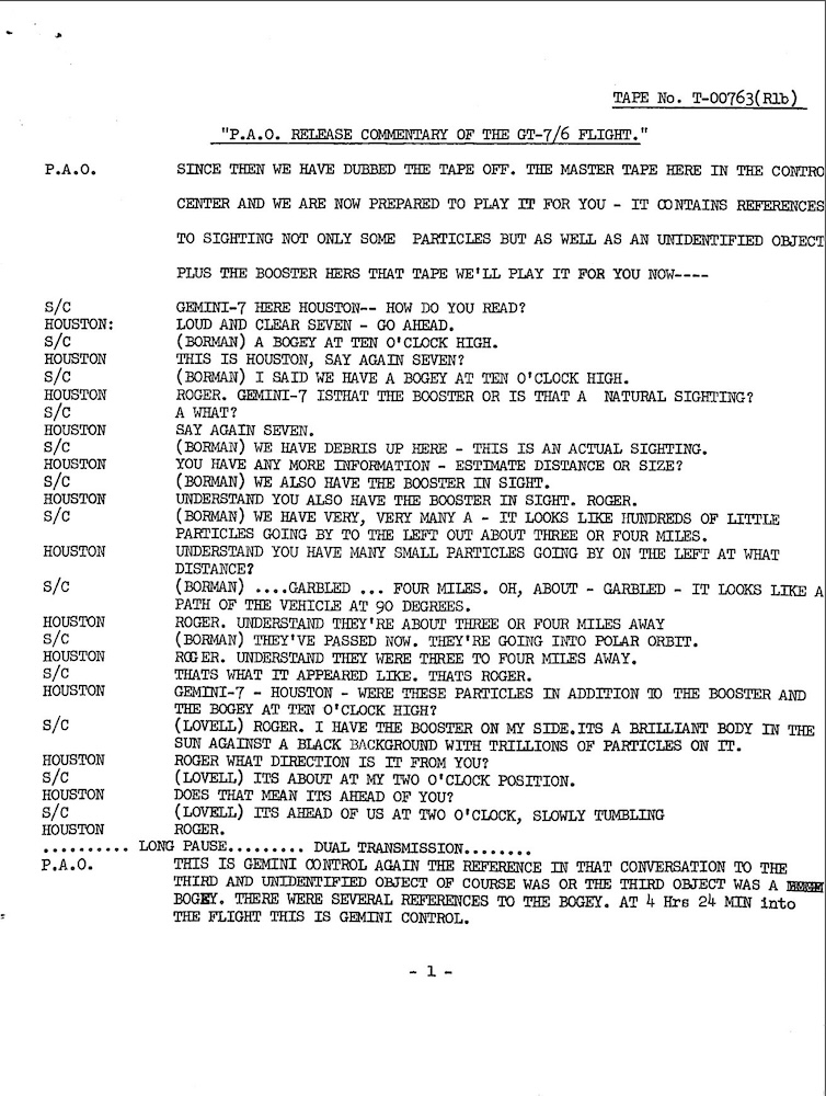 Public Affairs Office commentary and transcript of a flight.