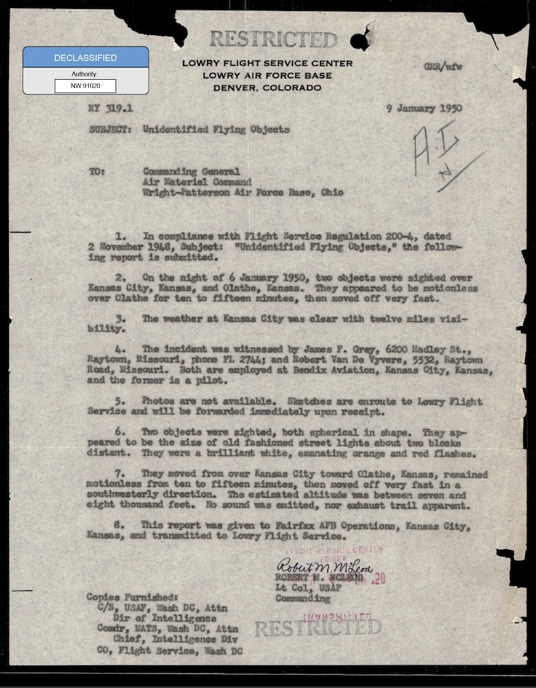 Declassified Restricted document from Lowry Flight Service Center.