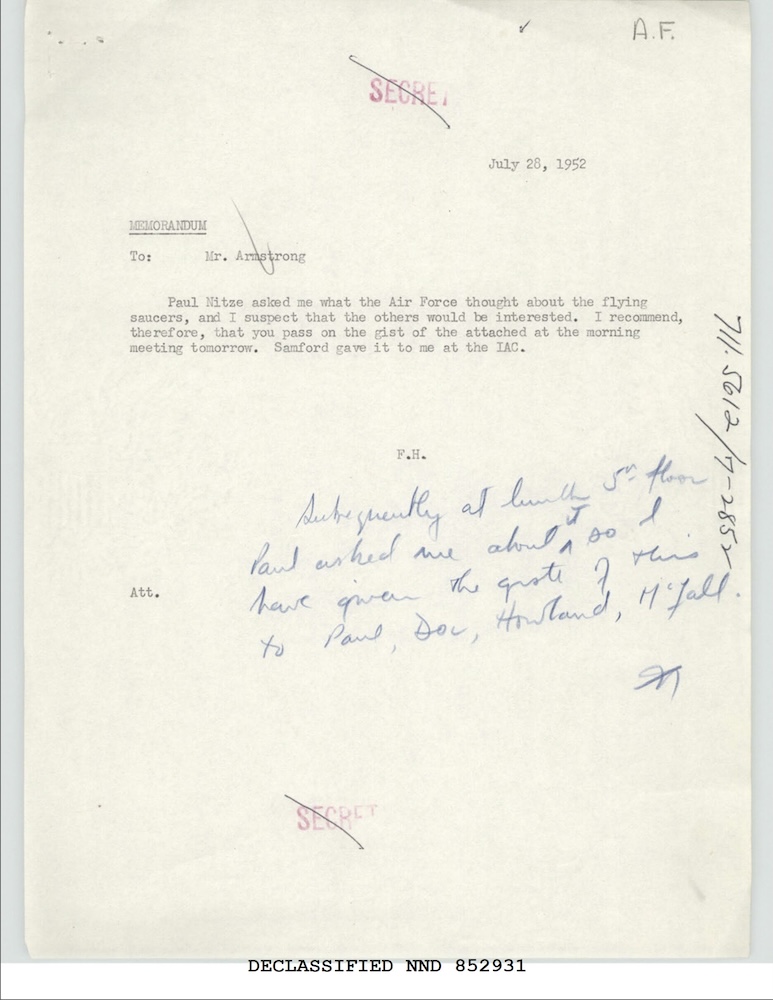 Declassified Secret memorandum with handwritten notes.