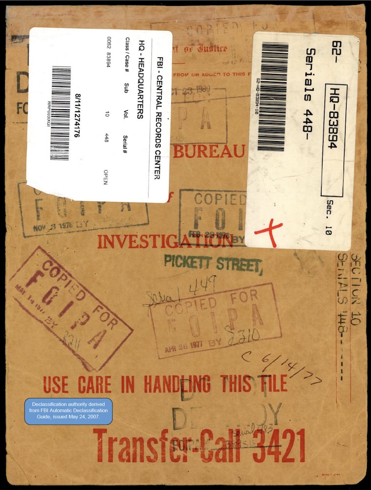 Declassified FBI file cover from the Central Records Center.