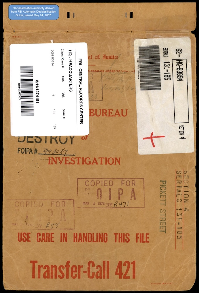 Declassified FBI file cover from the Central Records Center.