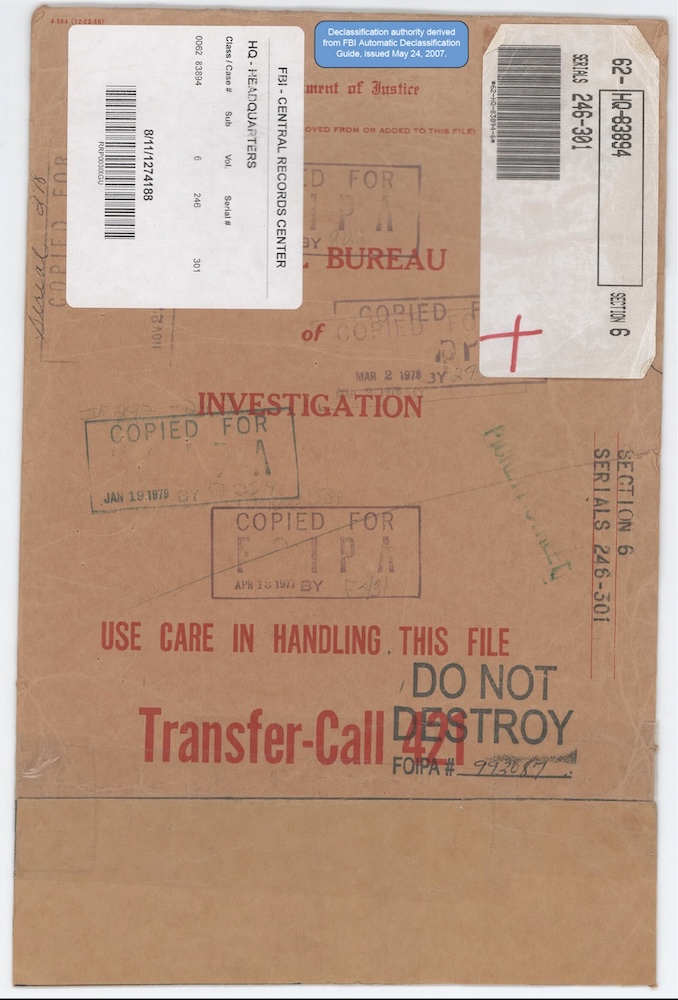 Declassified FBI file cover from the Central Records Center.