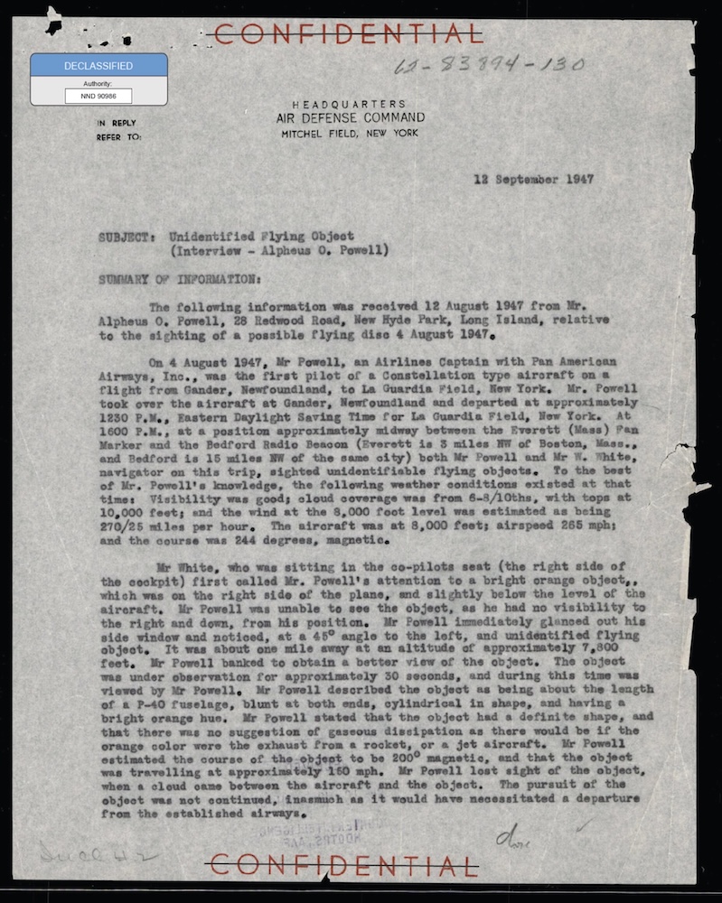 Declassified Confidential document from Headquarters Air Defense Command.