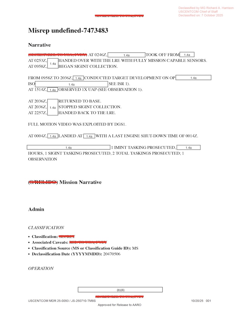 Redacted government mission report document.