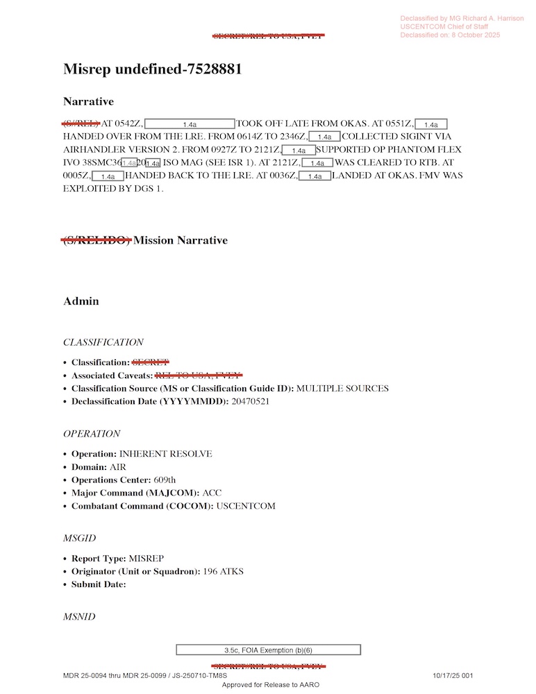 Redacted government mission report document.