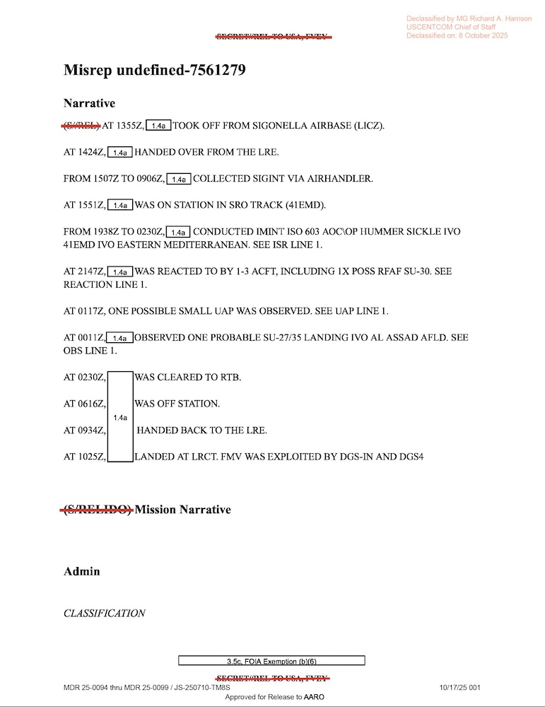 Redacted government mission report document.