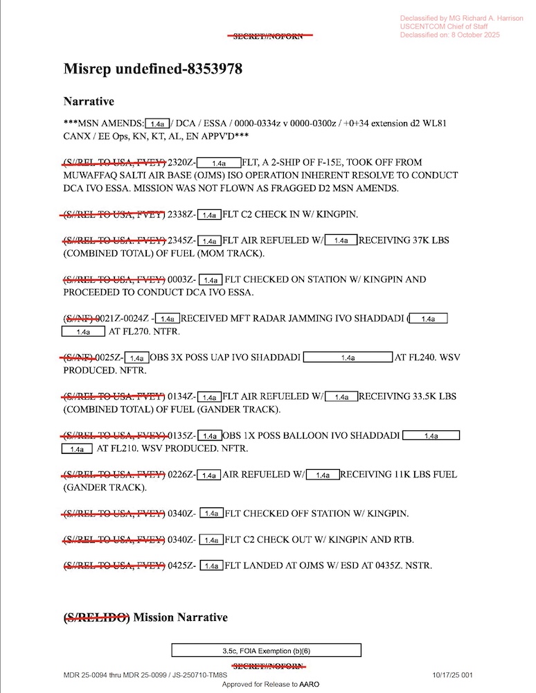 Redacted government mission report document.