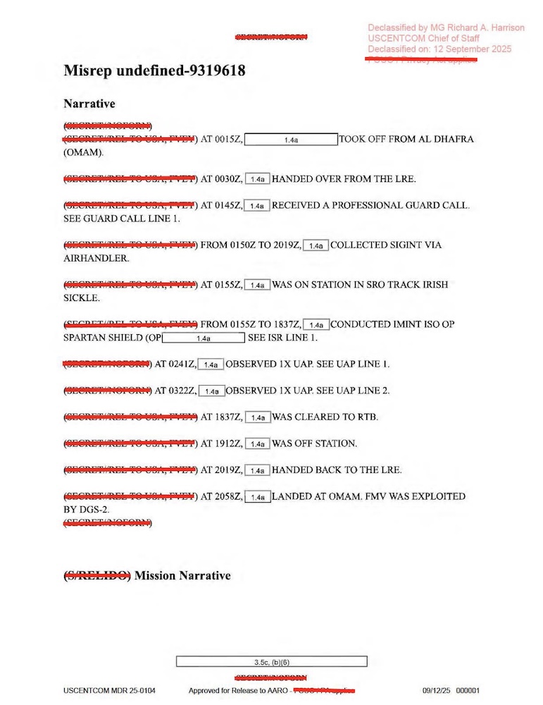Redacted government mission report document.