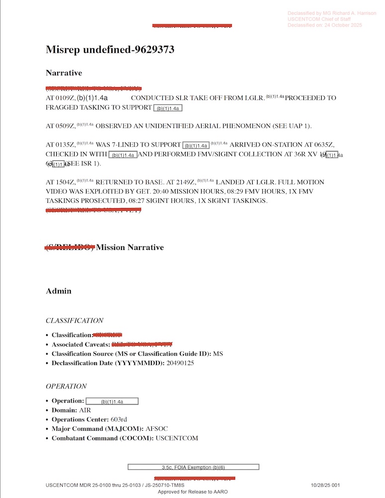 Redacted government mission report document.