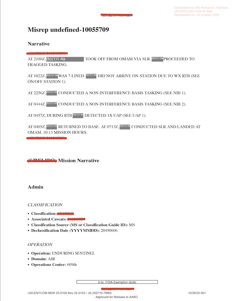Redacted government mission report document.
