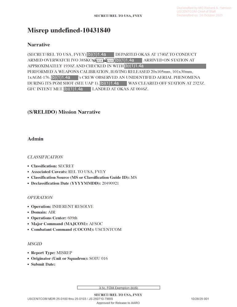 Redacted government mission report document.