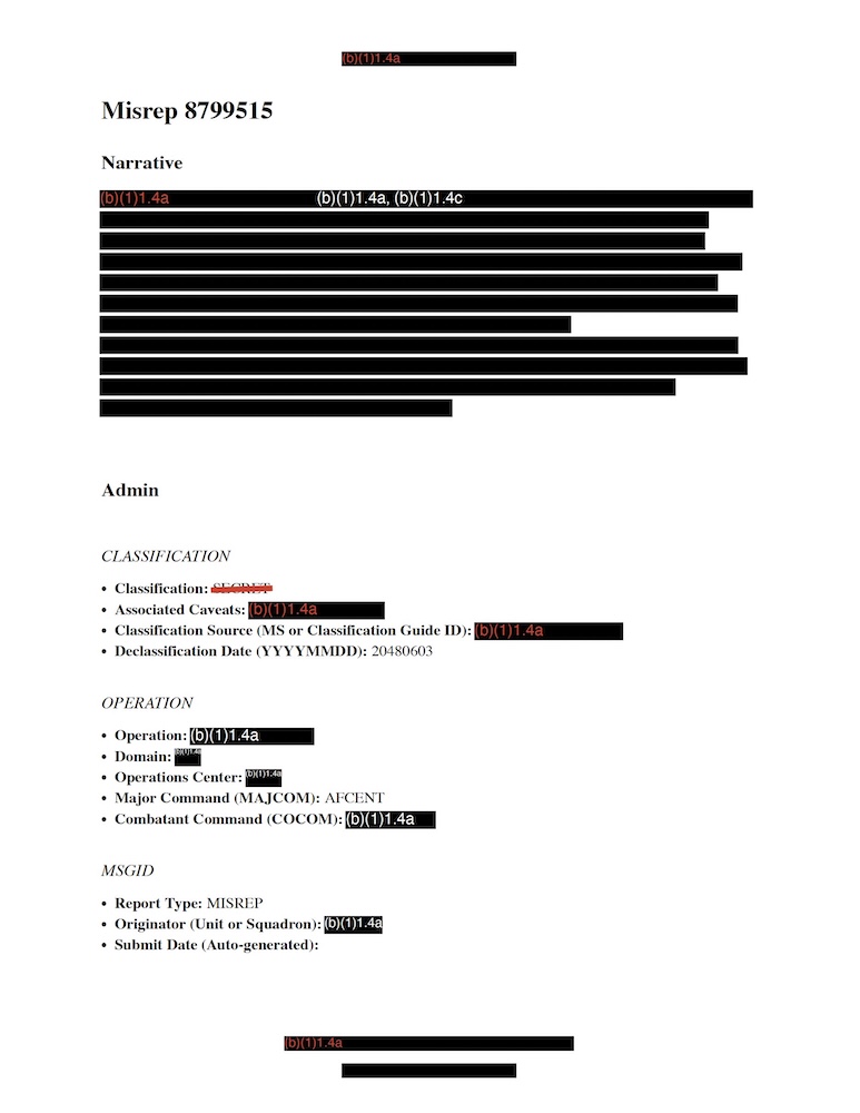 Heavily redacted government mission report document.