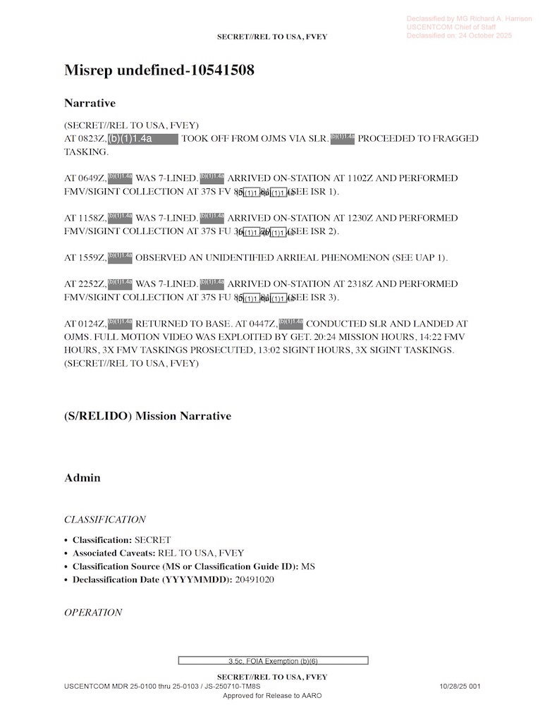 Redacted government mission report document.