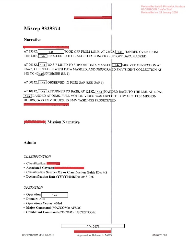 Redacted government mission report document.