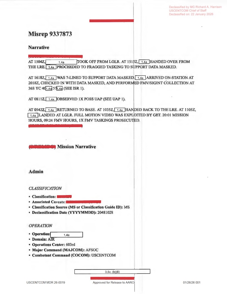 Redacted government mission report document.