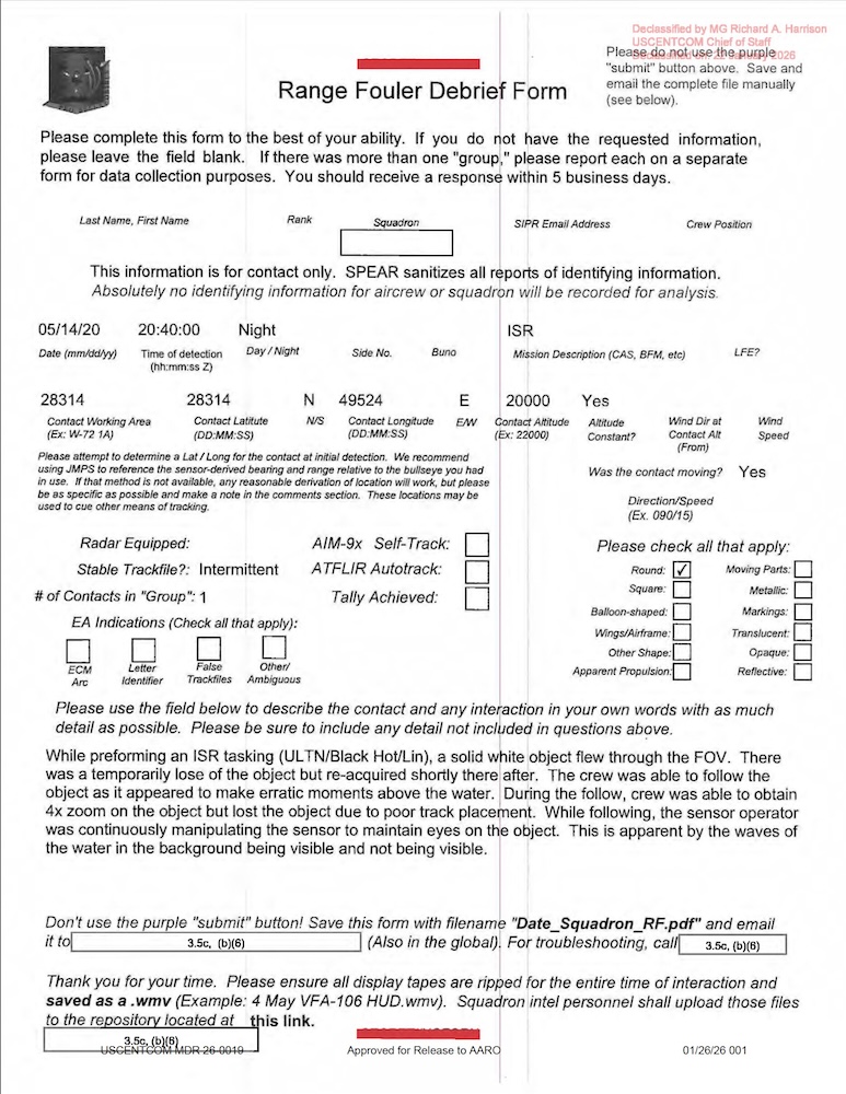 Declassified Range Fouler Debrief Form with redacted information.