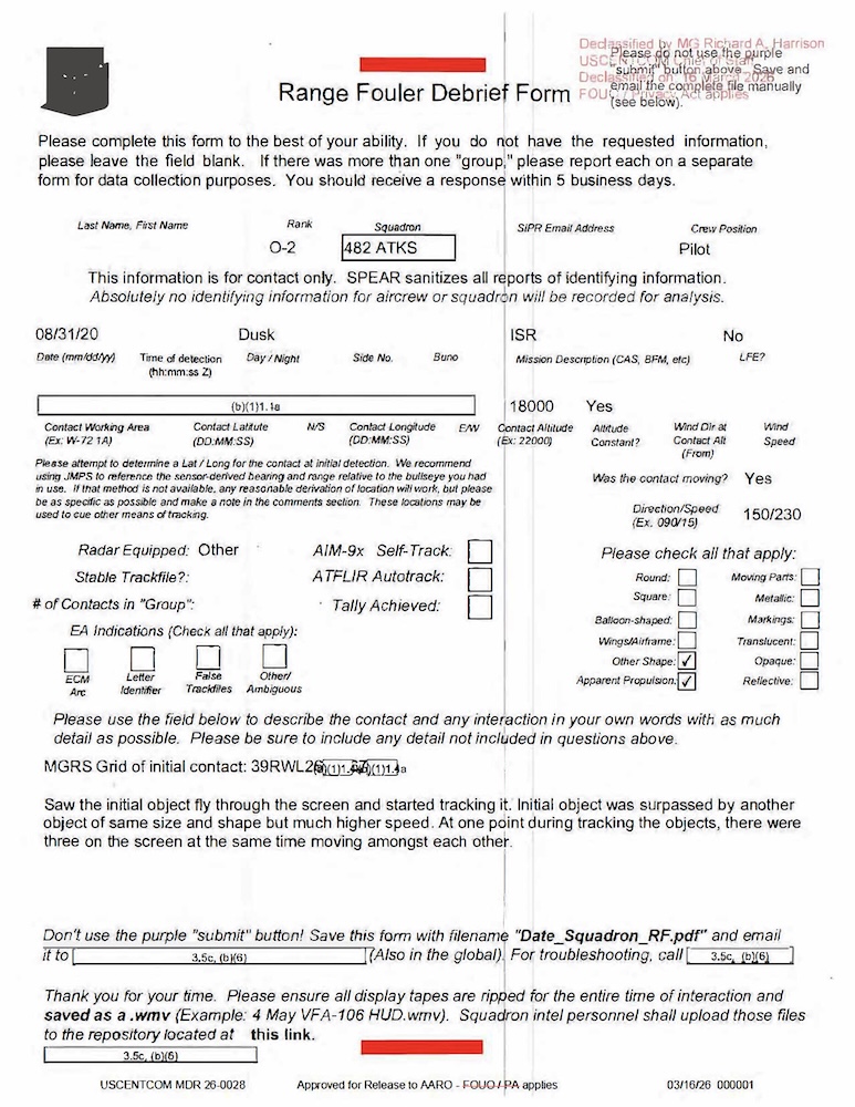 Declassified Range Fouler Debrief Form with redacted information.