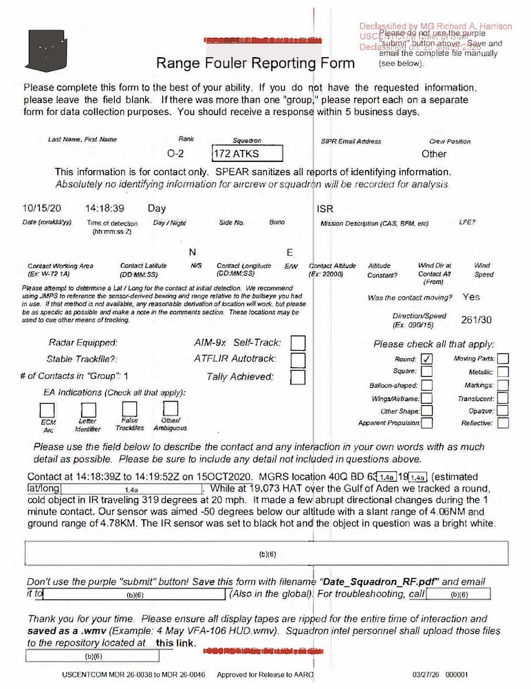 Declassified Range Fouler Debrief Form with redacted information.