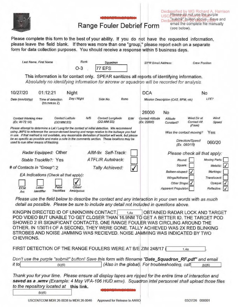 Declassified Range Fouler Debrief Form with redacted information.