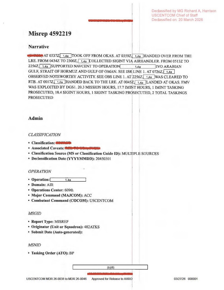 Redacted government mission report document.