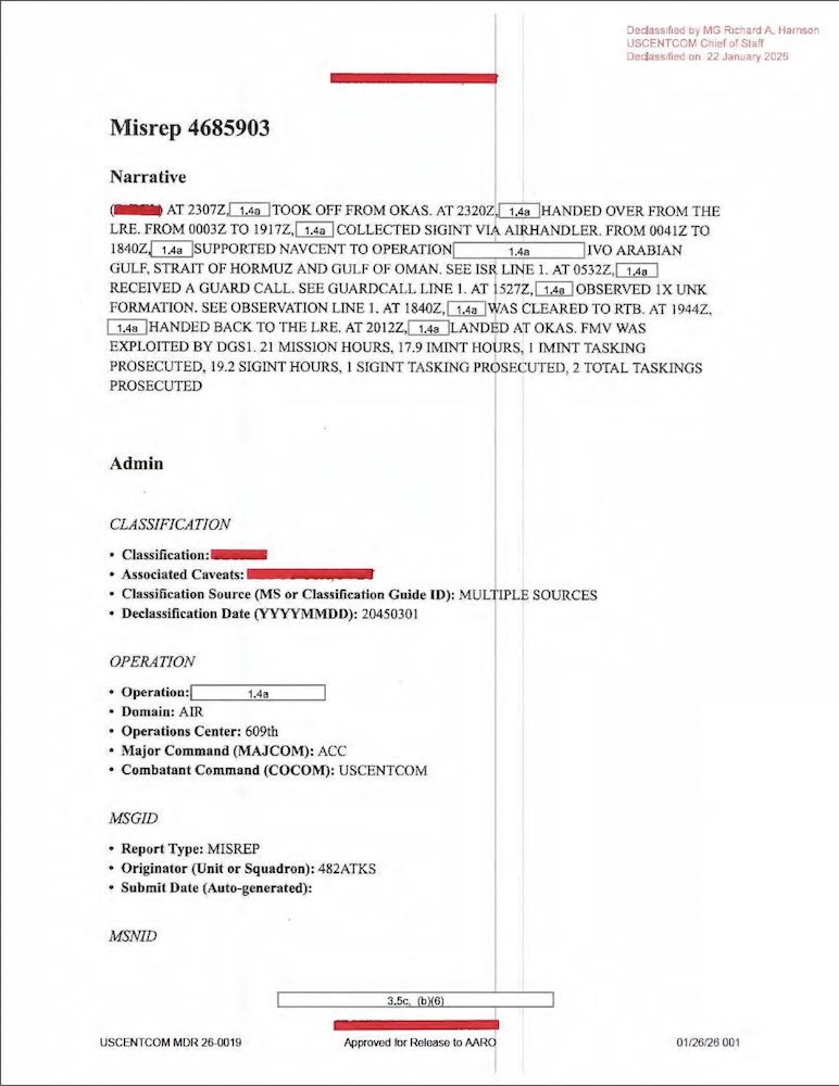 Redacted government mission report document.