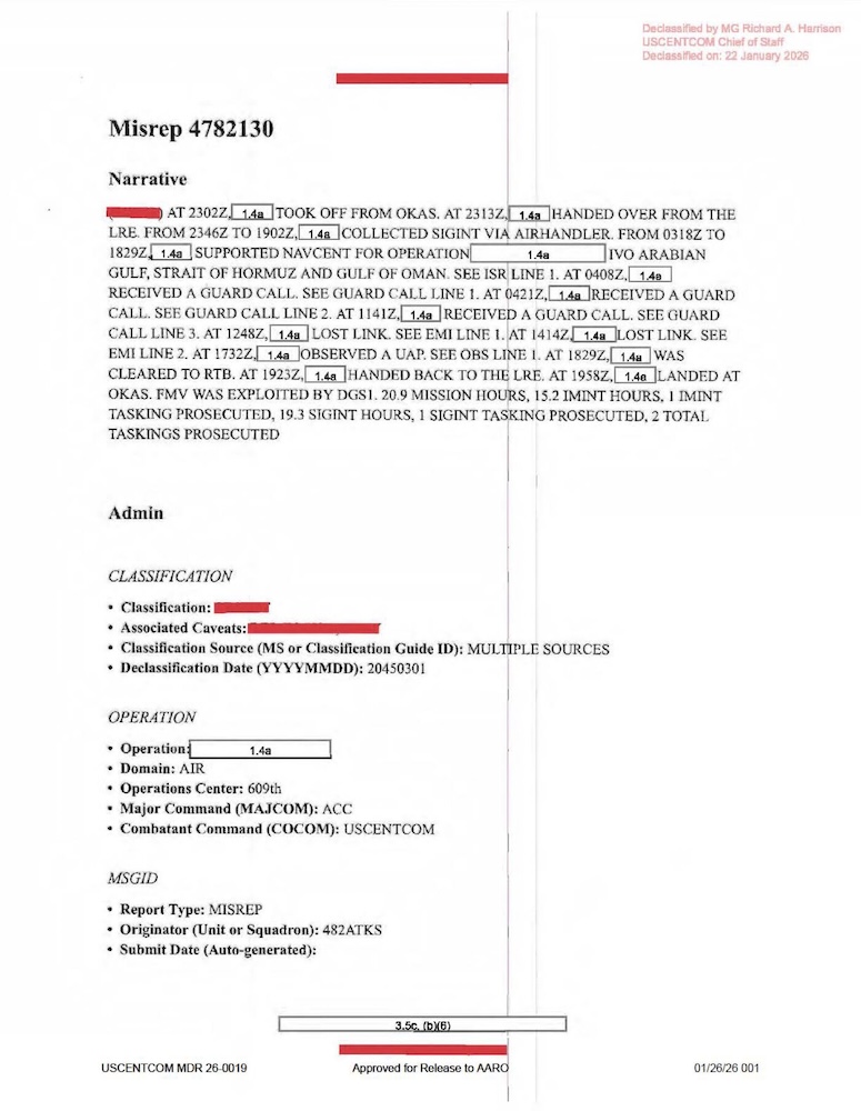 Redacted government mission report document.