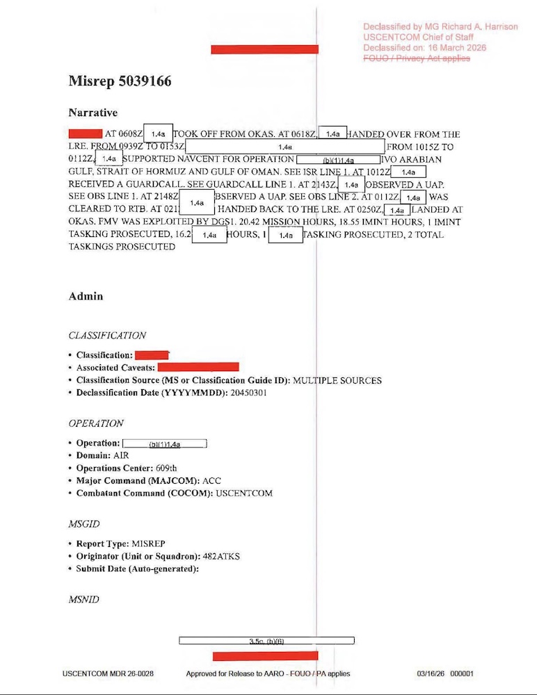 Redacted government mission report document.